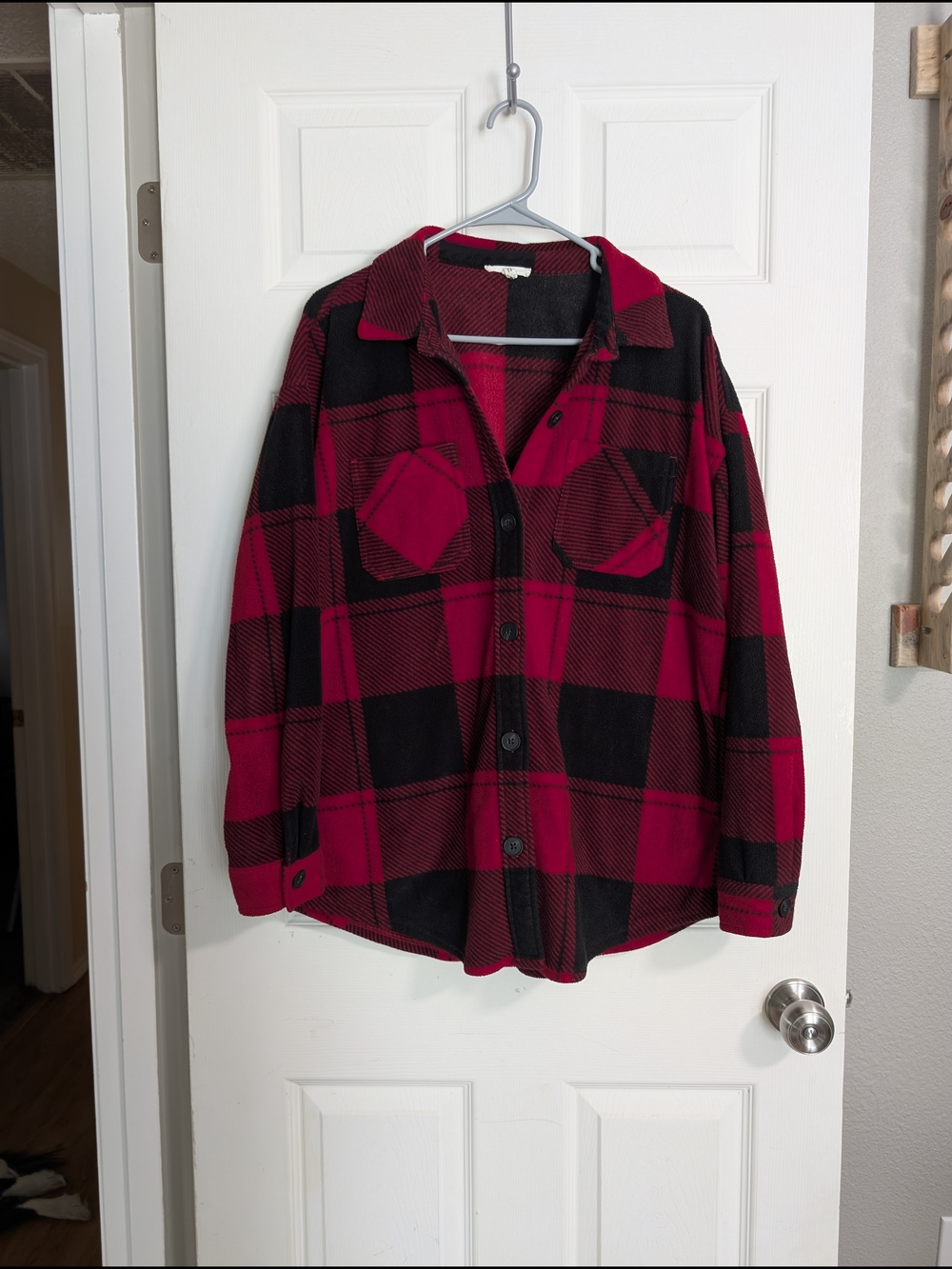Maurices Red and Black Plaid Fleece Shacket